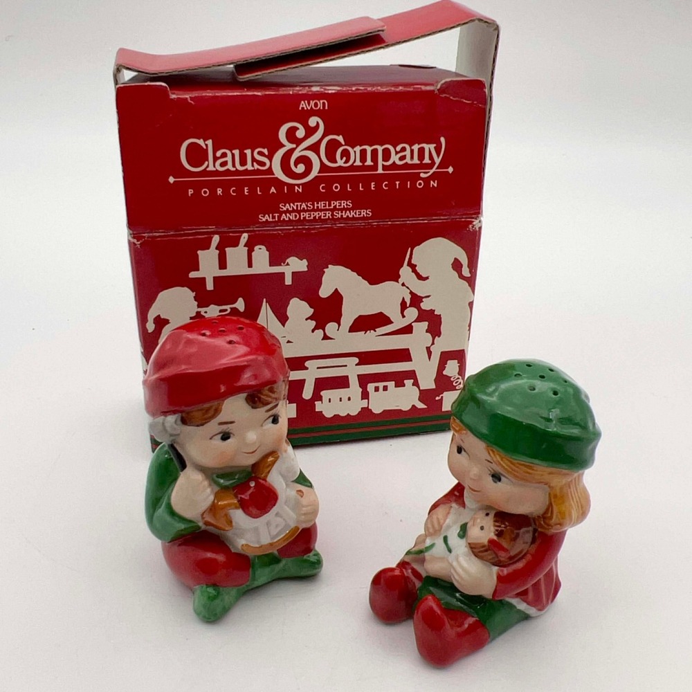 Vtg‎ Avon Claus & Company Santa's Helpers Porcelain Salt Pepper Shakers/Box 1983